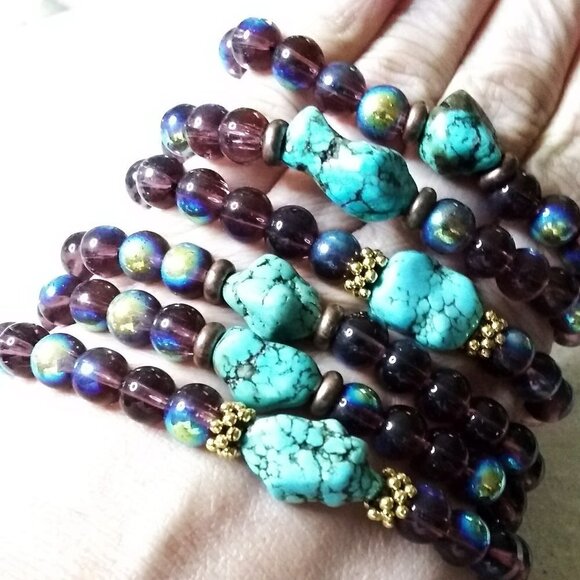 Flashy Beaded Stretch Bracelet! Turquoise Magnesite! Various Sizes - Pick Yours! - Picture 5 of 14